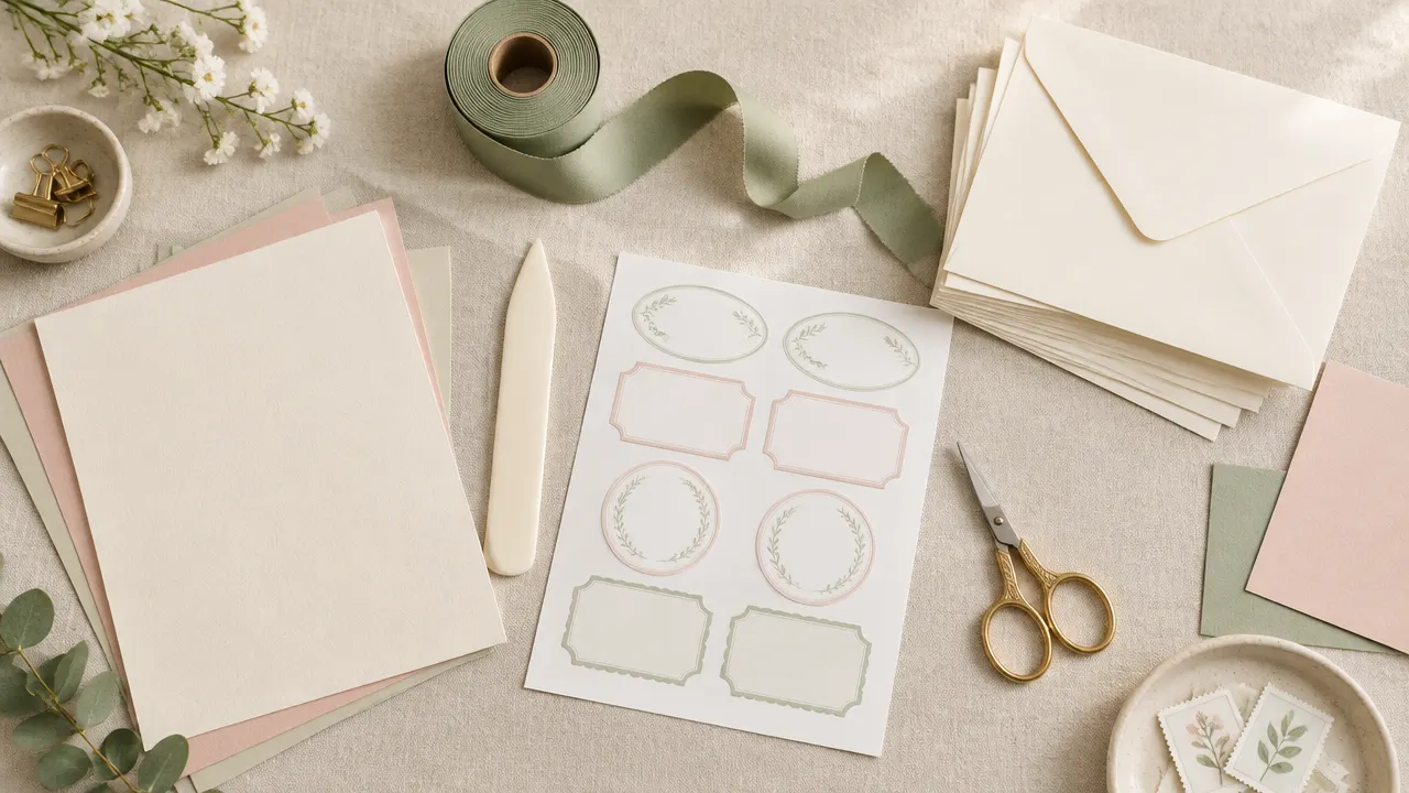 Mesa de trabajo con papel, listones y etiquetas listas para armar